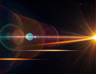 A bright, radiant light source flares across a dark background, creating vivid lens effects and streaks of color