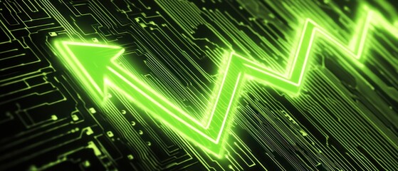 Glowing green arrow on circuit board technology growth and progress