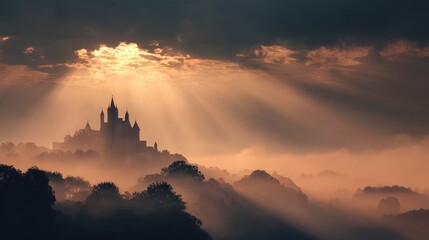 Dramatic landscape of castle silhouette bathed in sunlight against a moody sky