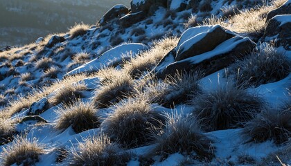 Winter hillside with frost-coated grasses and rocks partially covered by snow, dramatic shadows creating strong contrast and crisp textures in a cold natural landscape.