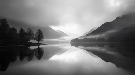 Mystical reflections on the tranquil lake surrounded by majestic mountains