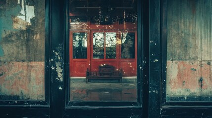 A Glimpse into the Past, Red Doorway in a Weathered Building's Facade