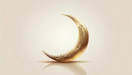Golden crescent moon sculpture with textured surface glowing softly against a warm beige background during Ramadan.