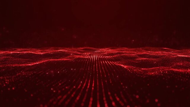 Futuristic Abstract Red Grid Pathway Traversing a Dark Digital Data Space with Luminous Particle Waves and Horizon for Technology Background