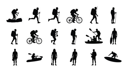 People engaging in various outdoor recreational activities in black silhouette form