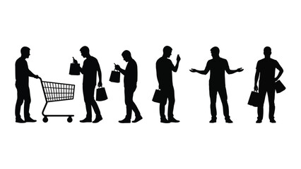 Silhouettes of people in various poses with shopping bags and a cart © JASMIN