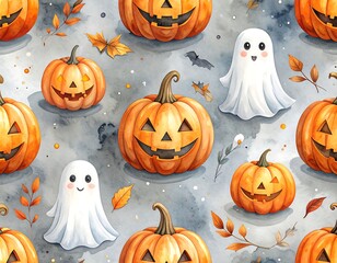 Whimsical Halloween pattern featuring pumpkins and friendly ghosts