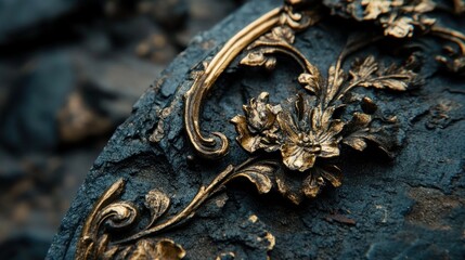 Golden floral ornament on dark textured surface decorative design element