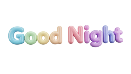 Soft Pastel Colored 3D Rendered Bubble Letter Text 'Good Night' isolated PNG with Transparent Background