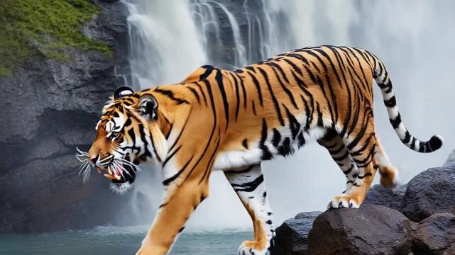 Majestic tiger standing boldly in front of stunning waterfall