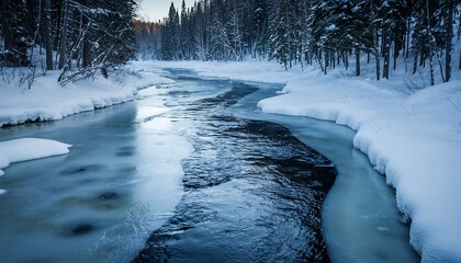 Frozen river winding through a snowy forest with visible ice cracks and cold soft lighting, creating a quiet winter nature landscape with icy textures and seasonal atmosphere.