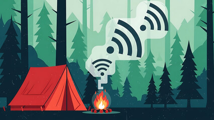outdoor wi-fi connectivity in a forest campsite with a tent and campfire smoke transforming into digital internet signals