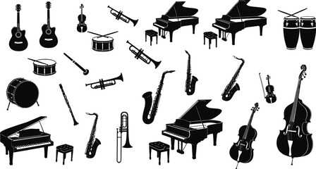 Black Musical Instruments Silhouette Set with Piano Guitar Violin Saxophone Trumpet Drum Icons, Orchestra and Band Music Elements Isolated on White © Asia