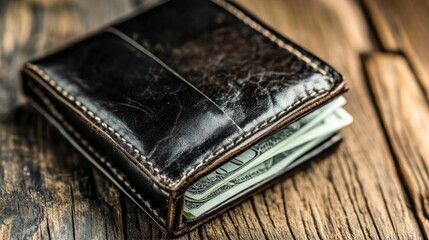 Worn leather wallet with banknotes on wooden surface