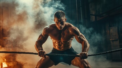 Muscular man pulling rope intense workout gym strength power fitness exercise