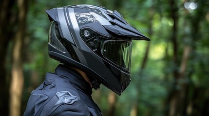 Sleek motorcycle helmet profile outdoor setting nature background