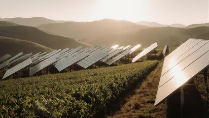 Solar Panels in a Vineyard - Sustainable Energy and Agriculture.