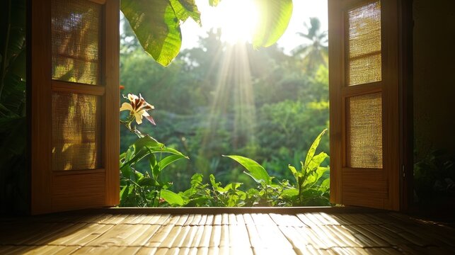 Sunlit garden view through open wooden window lush greenery and flower tranquil nature scene