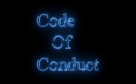Code of conduct illuminated in neon blue text on a black background