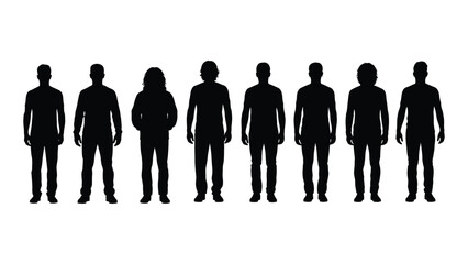 A row of silhouetted figures standing side by side on a white background
