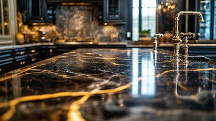 Elegant black and gold marble kitchen countertop detail