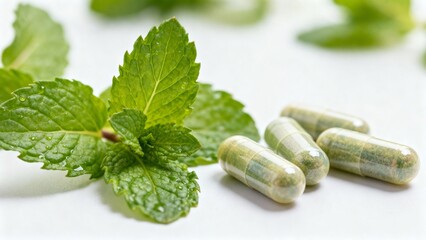 Peppermint herbal supplement capsules and fresh peppermint leaves 