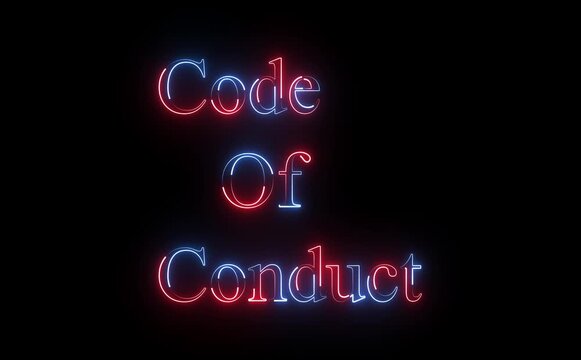 Code of conduct written in glowing neon letters on a black background
