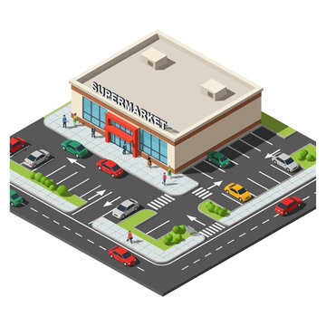 Isometric View of Supermarket with Parking.
