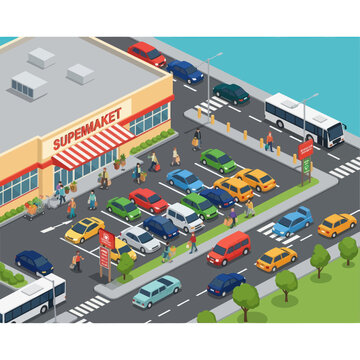 Busy Supermarket Parking Lot Scene with Vehicles.