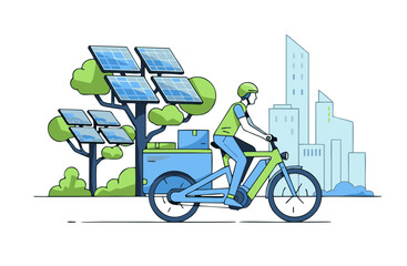 Eco friendly delivery service with electric cargo bike and solar panel trees illustration