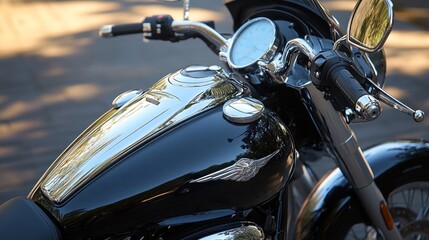 Sleek black motorcycle fuel tank with chrome accents and emblem