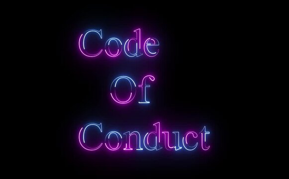 Code of conduct written in neon lights on a black background