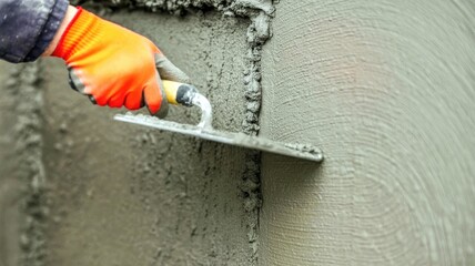 A gloved hand applies plaster to a textured wall with a trowel during a construction project