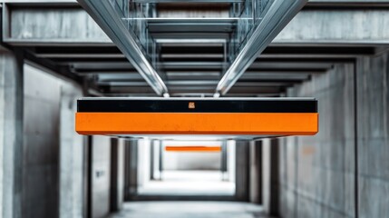 Suspended orange element in modern architectural corridor