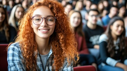 Smiling young woman with red curly hair in a crowd
