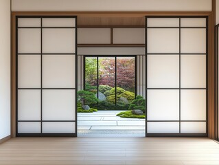 Warm wooden interior with sliding shoji doors opening to a tranquil zen courtyard with soft moss and stone paths