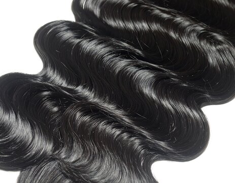 Close-up of glossy, dark, wavy locks. Soft light highlights the smooth strands and natural curvature. A rich, dark beauty