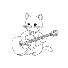 Fototapeta premium Cute Cartoon Cat Playing Acoustic Guitar Line Art.