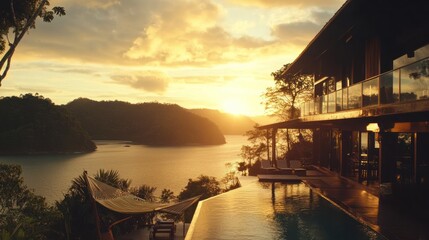 Luxury house sunset ocean view infinity pool tropical landscape