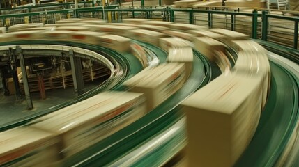 Fast moving cardboard boxes on conveyor belt system dynamic motion blur logistics and supply chain concept