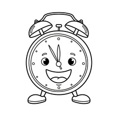 Happy Alarm Clock Cartoon Line Art Drawing.