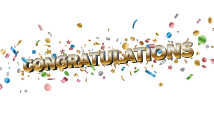 Golden 3D "CONGRATULATIONS" Lettering with Colorful Flying Confetti and Glitter isolated PNG with Transparent Background