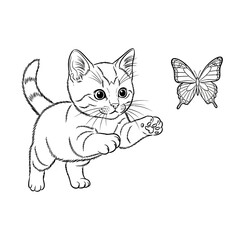 Obraz premium Adorable Kitten Playing with a Butterfly Line Art.