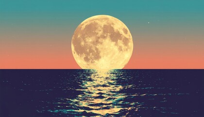 Full Moon Rising Over Calm Ocean Surface at Sunset.