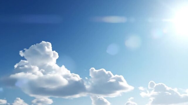 A breathtaking high-angle perspective captures an idyllic blue sky adorned with ethereal, fluffy white cumulus clouds gently drifting across the frame. Sunlight bursts through the upper right, creatin