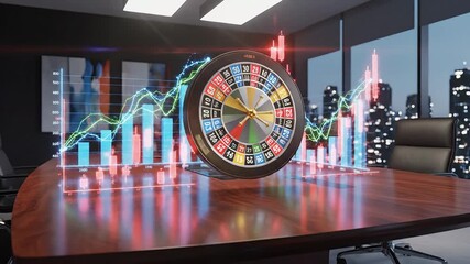 Dynamic holographic financial charts displaying stock market trends and economic data alongside a spinning roulette wheel symbolizing investment risk speculation and strategic decisionmaking in a mod. - Powered by Adobe