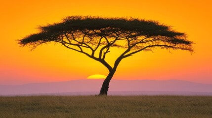 Fototapeta premium African savanna sunset silhouette tree landscape
