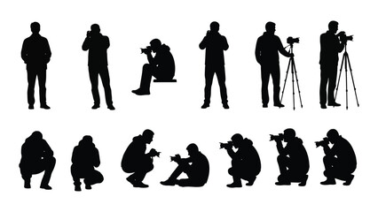 Silhouettes of photographers in various poses capturing moments with cameras