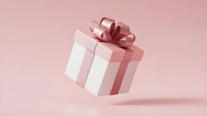 AI-generated floating pink gift box with ribbon bow on soft pastel background, minimalist surprise and celebration concept, unbranded 3D illustration