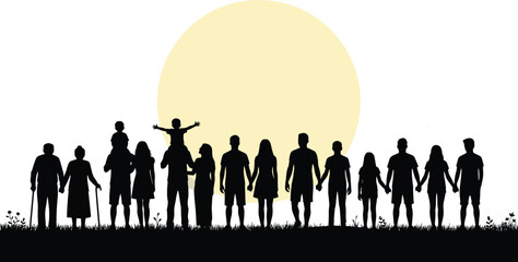 Diverse family and community silhouettes holding hands together in unity, solidarity, and human connection against bright sun background